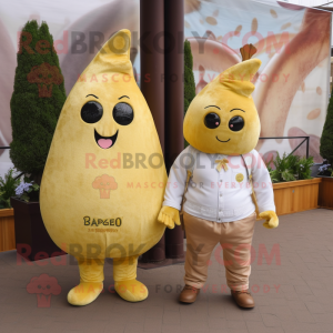 Gold Pear mascot costume character dressed with a Boyfriend Jeans and Bracelets