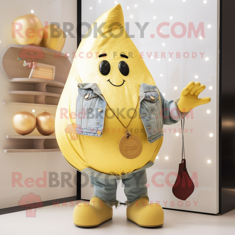 Gold Pear mascot costume character dressed with a Boyfriend Jeans and Bracelets Gold Pear mascot costume character dressed with a Boyfriend Jeans and Bracelets