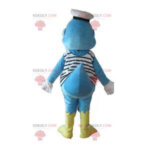 Mascote de pato azul e amarelo vestido de marinheiro -
