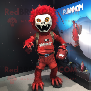 Red Undead mascot costume character dressed with a T-Shirt and Backpacks