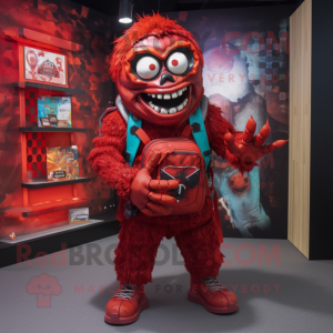 Red Undead mascot costume character dressed with a T-Shirt and Backpacks