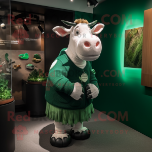 Forest Green Hereford Cow mascot costume character dressed with a Sweater and Brooches