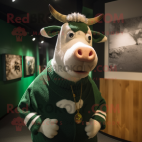 Forest Green Hereford Cow mascot costume character dressed with a Sweater and Brooches