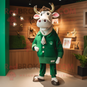 Forest Green Hereford Cow mascot costume character dressed with a Sweater and Brooches