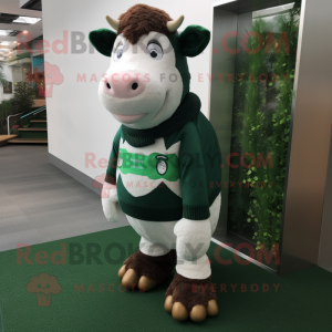 Forest Green Hereford Cow mascot costume character dressed with a Sweater and Brooches