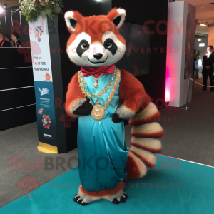 Teal Red Panda mascot costume character dressed with a Evening Gown and Brooches