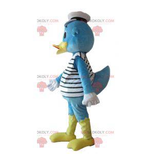 Blauwe en gele eendmascotte verkleed als zeeman - Redbrokoly.com