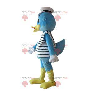 Blauwe en gele eendmascotte verkleed als zeeman - Redbrokoly.com