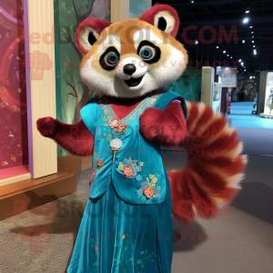 Teal Red Panda mascot costume character dressed with a Evening Gown and Brooches