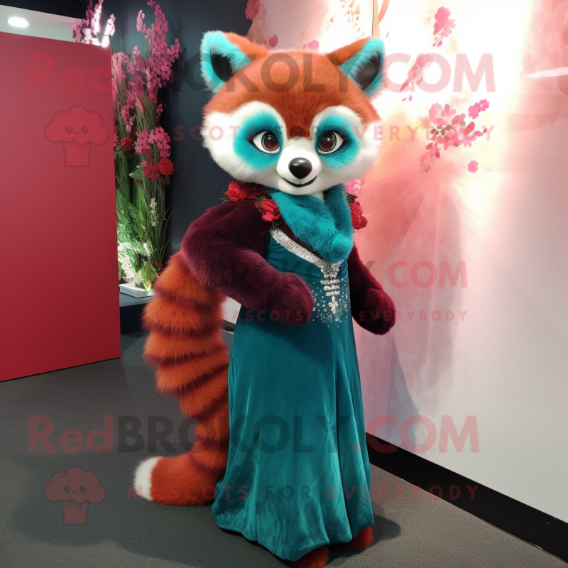 Teal Red Panda mascot costume character dressed with a Evening Gown and Brooches