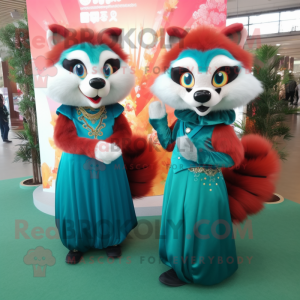 Teal Red Panda mascot costume character dressed with a Evening Gown and Brooches