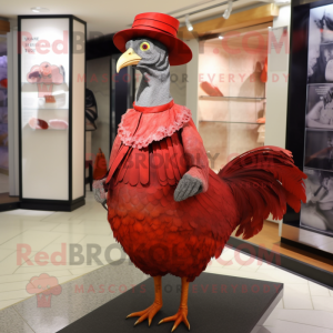 Red Guinea Fowl mascot costume character dressed with a A-Line Skirt and Hats