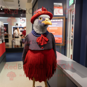 Red Guinea Fowl mascot costume character dressed with a A-Line Skirt and Hats