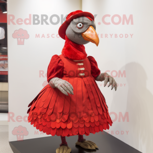 Red Guinea Fowl mascot costume character dressed with a A-Line Skirt and Hats