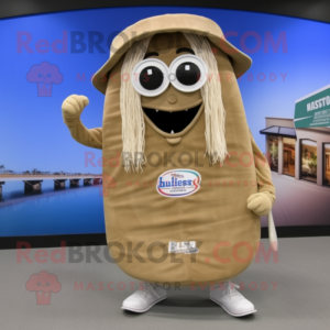 Beige Spaghetti mascot costume character dressed with a Board Shorts and Hat pins