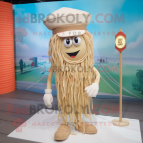 Beige Spaghetti mascot costume character dressed with a Board Shorts and Hat pins