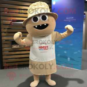 Beige Spaghetti mascot costume character dressed with a Board Shorts and Hat pins