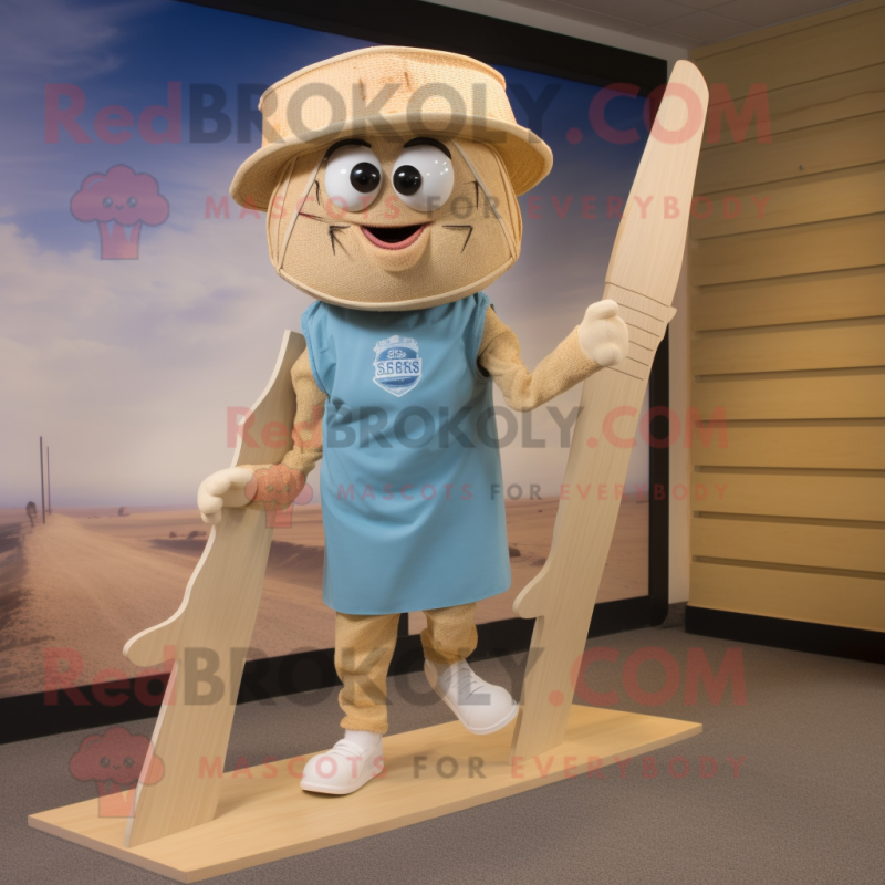 Beige Spaghetti mascot costume character dressed with a Board Shorts and Hat pins