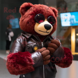 Maroon Spectacled Bear mascot costume character dressed with a Leather Jacket and Smartwatches