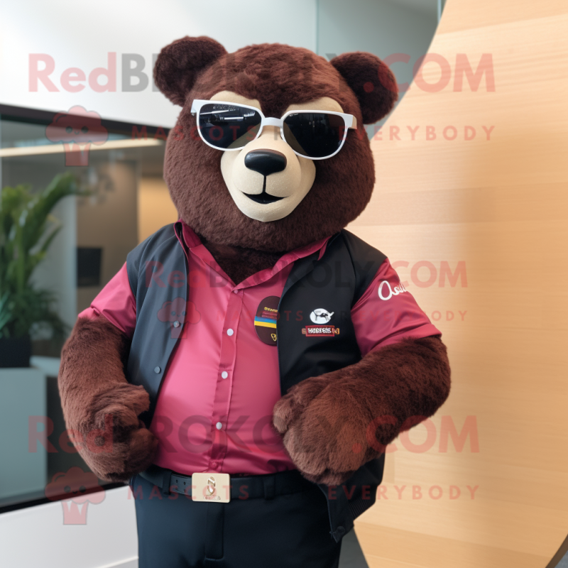 Maroon Spectacled Bear mascot costume character dressed with a Leather Jacket and Smartwatches