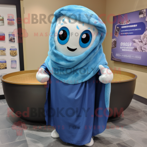 Blue Miso Soup mascot costume character dressed with a Blouse and Shawl pins