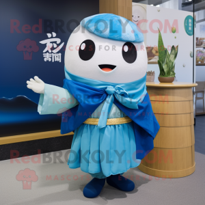 Blue Miso Soup mascot costume character dressed with a Blouse and Shawl pins