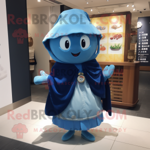 Blue Miso Soup mascot costume character dressed with a Blouse and Shawl pins