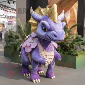 Lavender Triceratops mascot costume character dressed with a Mini Skirt and Wallets