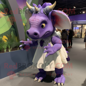 Lavender Triceratops mascot costume character dressed with a Mini Skirt and Wallets
