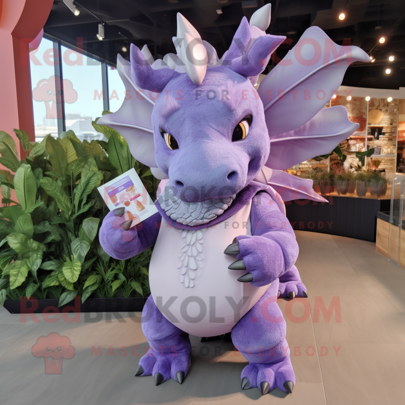 Lavender Triceratops mascot costume character dressed with a Mini Skirt and Wallets