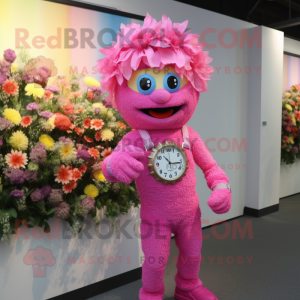 Pink Bouquet Of Flowers mascot costume character dressed with a Playsuit and Bracelet watches