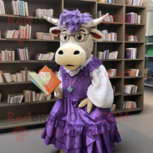 Purple Beef Stroganoff mascot costume character dressed with a Pleated Skirt and Reading glasses