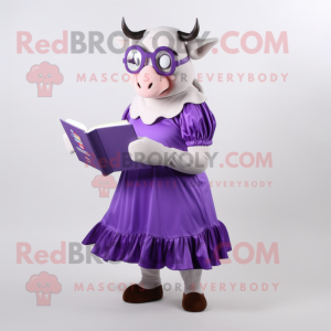 Purple Beef Stroganoff mascot costume character dressed with a Pleated Skirt and Reading glasses