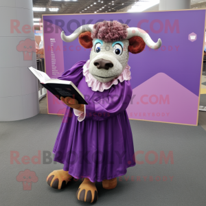 Purple Beef Stroganoff mascot costume character dressed with a Pleated Skirt and Reading glasses