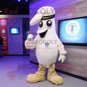 Cream Fried Calamari mascot costume character dressed with a Suit and Digital watches