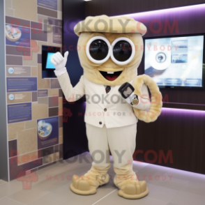 Cream Fried Calamari mascot costume character dressed with a Suit and Digital watches