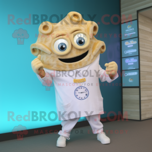 Cream Fried Calamari mascot costume character dressed with a Suit and Digital watches