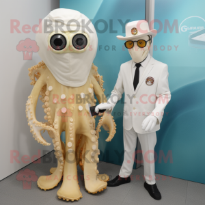 Cream Fried Calamari mascot costume character dressed with a Suit and Digital watches