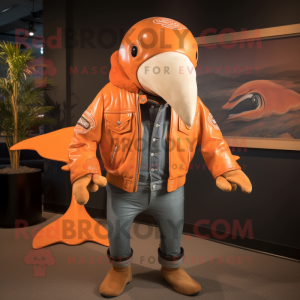 Orange Humpback Whale mascot costume character dressed with a Moto Jacket and Shawl pins