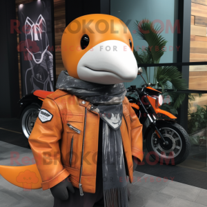 Orange Humpback Whale mascot costume character dressed with a Moto Jacket and Shawl pins