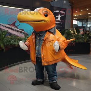 Orange Humpback Whale mascot costume character dressed with a Moto Jacket and Shawl pins