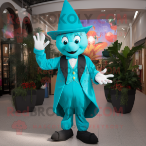 Turquoise Magician mascot costume character dressed with a Romper and Mittens