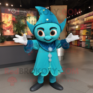 Turquoise Magician mascot costume character dressed with a Romper and Mittens