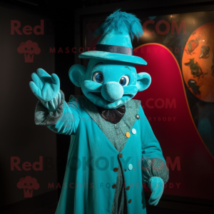 Turquoise Magician mascot costume character dressed with a Romper and Mittens