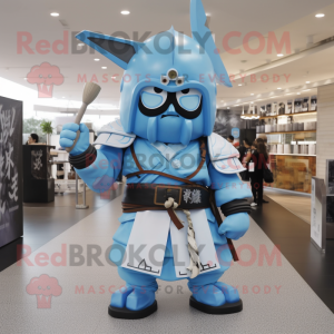 Sky Blue Samurai mascot costume character dressed with a Mini Dress and Messenger bags