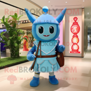 Sky Blue Samurai mascot costume character dressed with a Mini Dress and Messenger bags