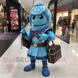Sky Blue Samurai mascot costume character dressed with a Mini Dress and Messenger bags