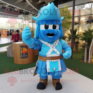Sky Blue Samurai mascot costume character dressed with a Mini Dress and Messenger bags