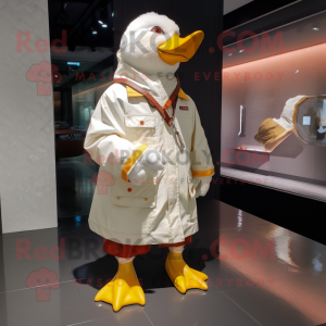 Cream Muscovy Duck mascot costume character dressed with a Raincoat and Keychains