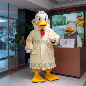 Cream Muscovy Duck mascot costume character dressed with a Raincoat and Keychains